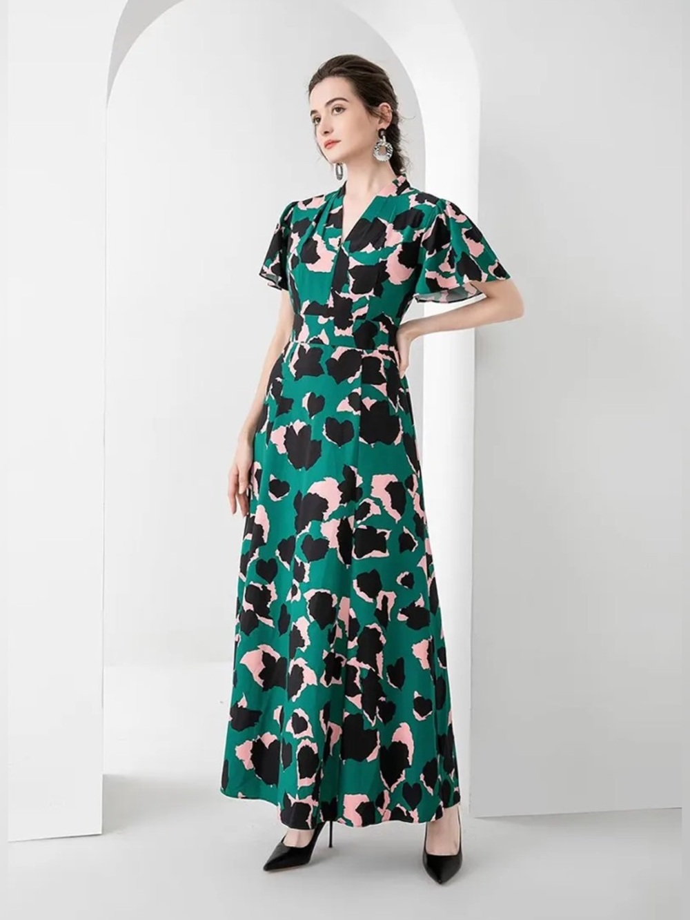 NWOT Green and Pink Pattern Maxi Dress